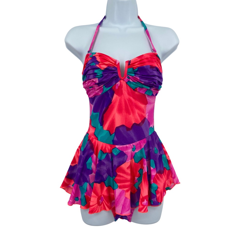 Vintage Maxine of Hollywood Swimdress 10 Pink Floral Halter Skirted One Piece